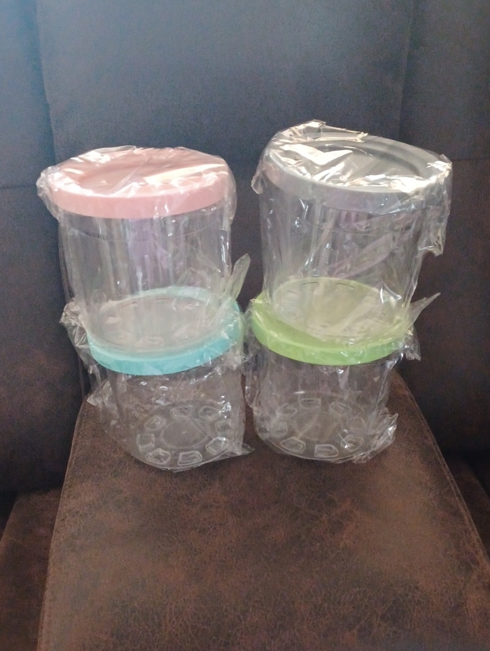 4/$60 Set of 4 Clear Plastic Storage Containers with Pastel Lids